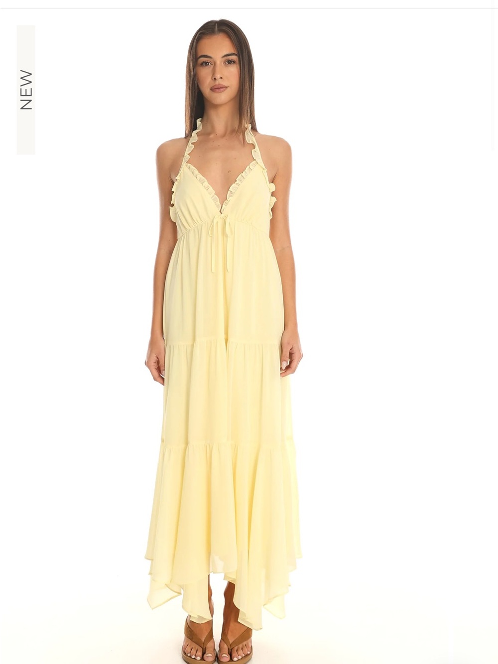 Selfie Leslie Pale Yellow Ruffle Halter Maxi Dress